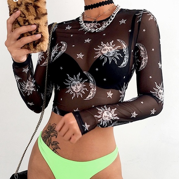 Black mesh sun moon & stars sheer crop top - Picture 2 of 15